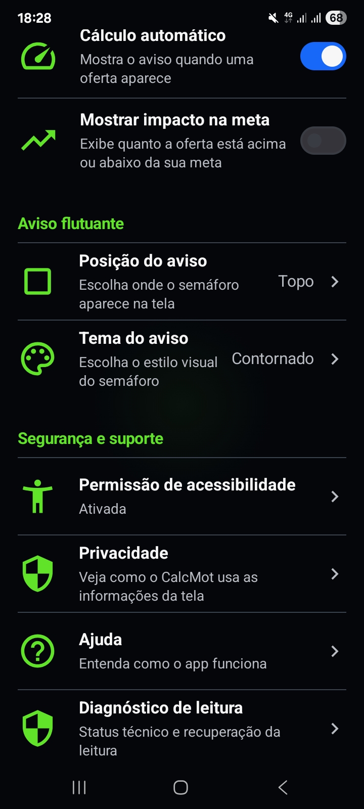 Configurações do CalcMot com a permissão de acessibilidade marcada como ativada e o cálculo automático ligado.