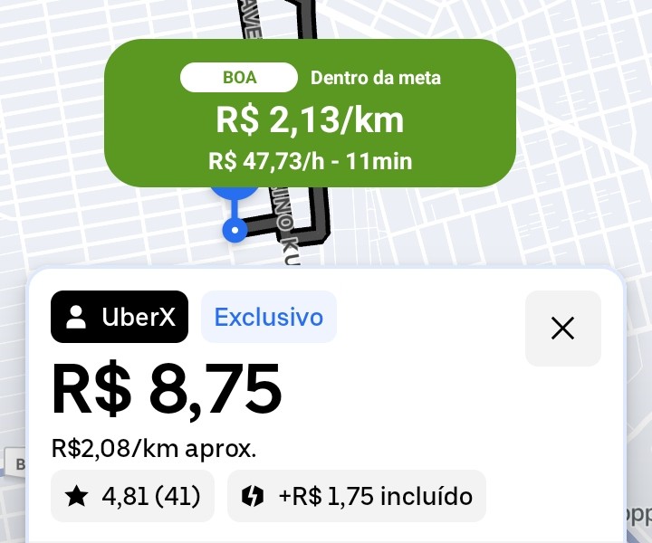 Outra oferta real UberX de R$ 8,75 com aviso CalcMot BOA mostrando R$ 2,13 por km, R$ 47,73 por hora e 11 minutos.